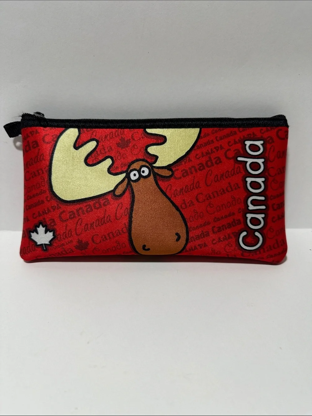 Canada Moose Zippered Pouch Red Travel Cosmetic Bag Souvenir Maple Leaf